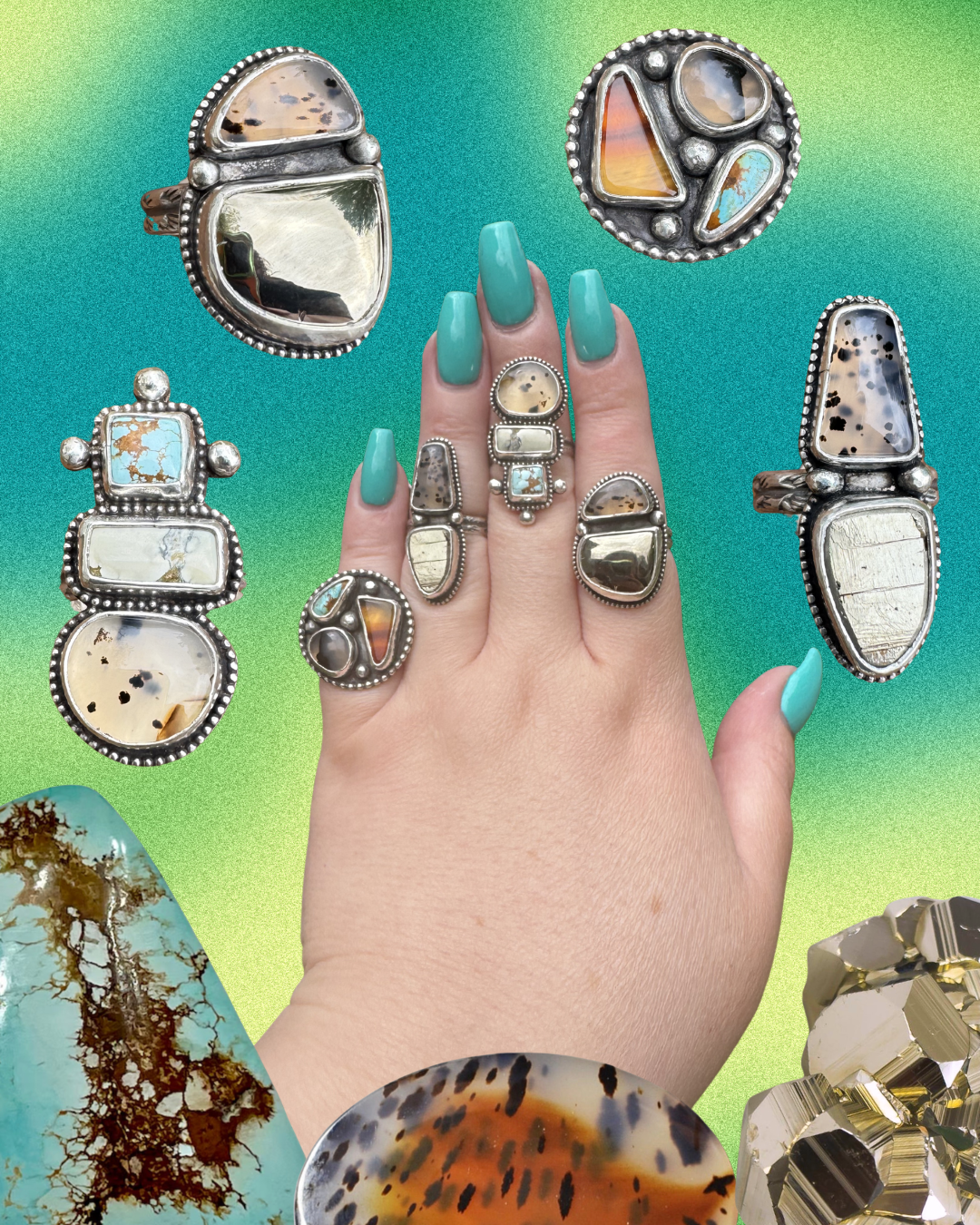 Montana Agate, Ivory Creek Variscite, and Golden Hills Turquoise Statement Ring, Size 7