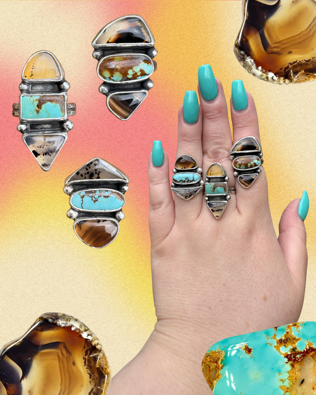 Montana Agate and Royston Turquoise Statement Ring, Size 7