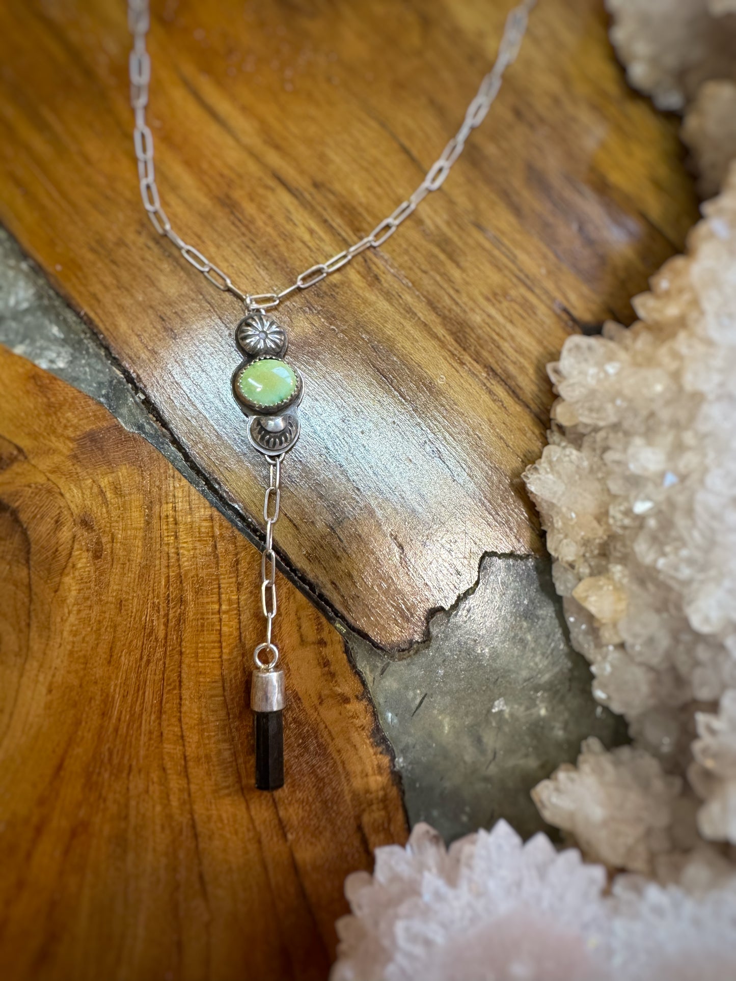 Turquoise and tourmaline lariat necklace in fine and sterling silver