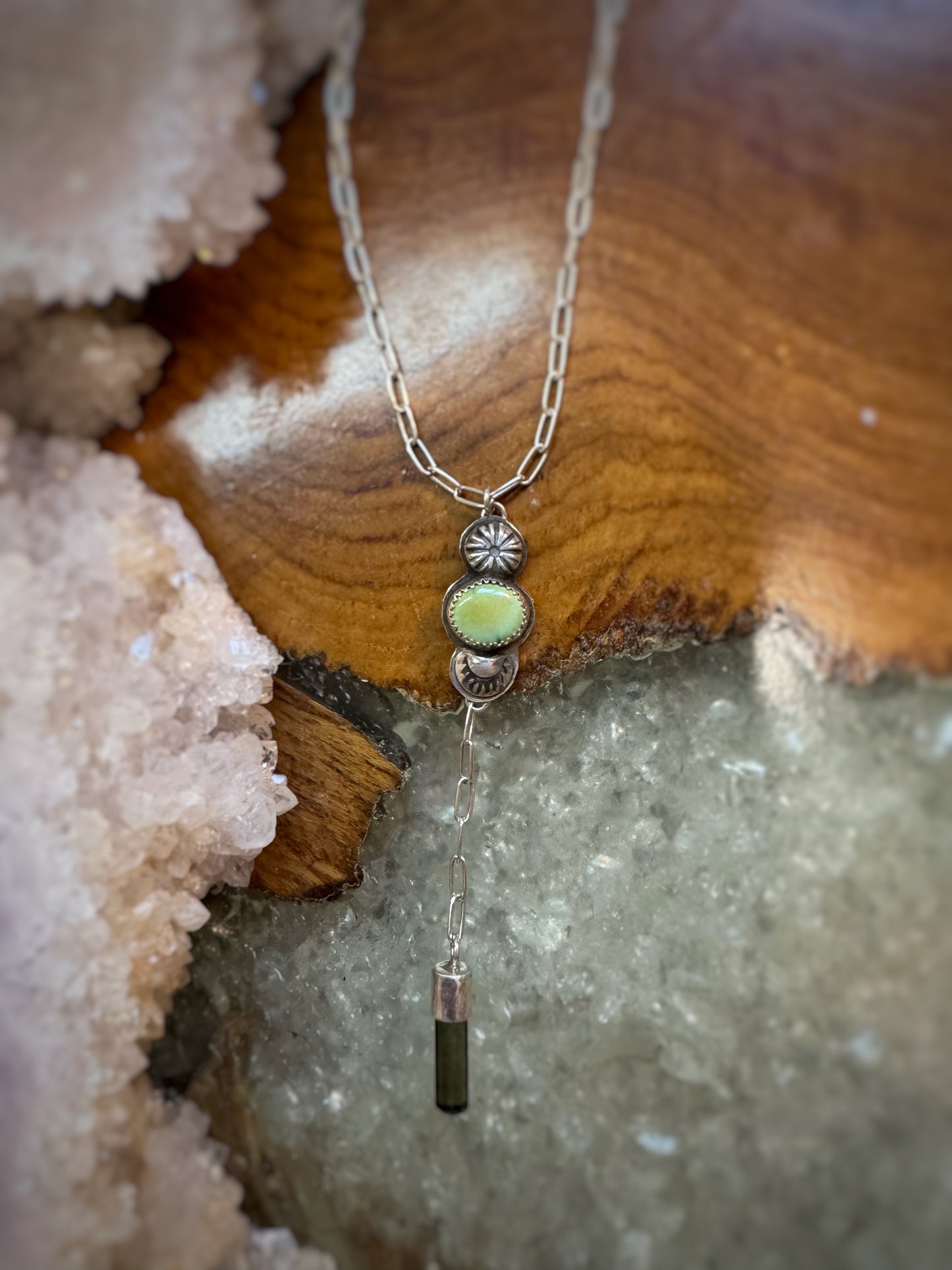 Turquoise and tourmaline lariat necklace in fine and sterling silver
