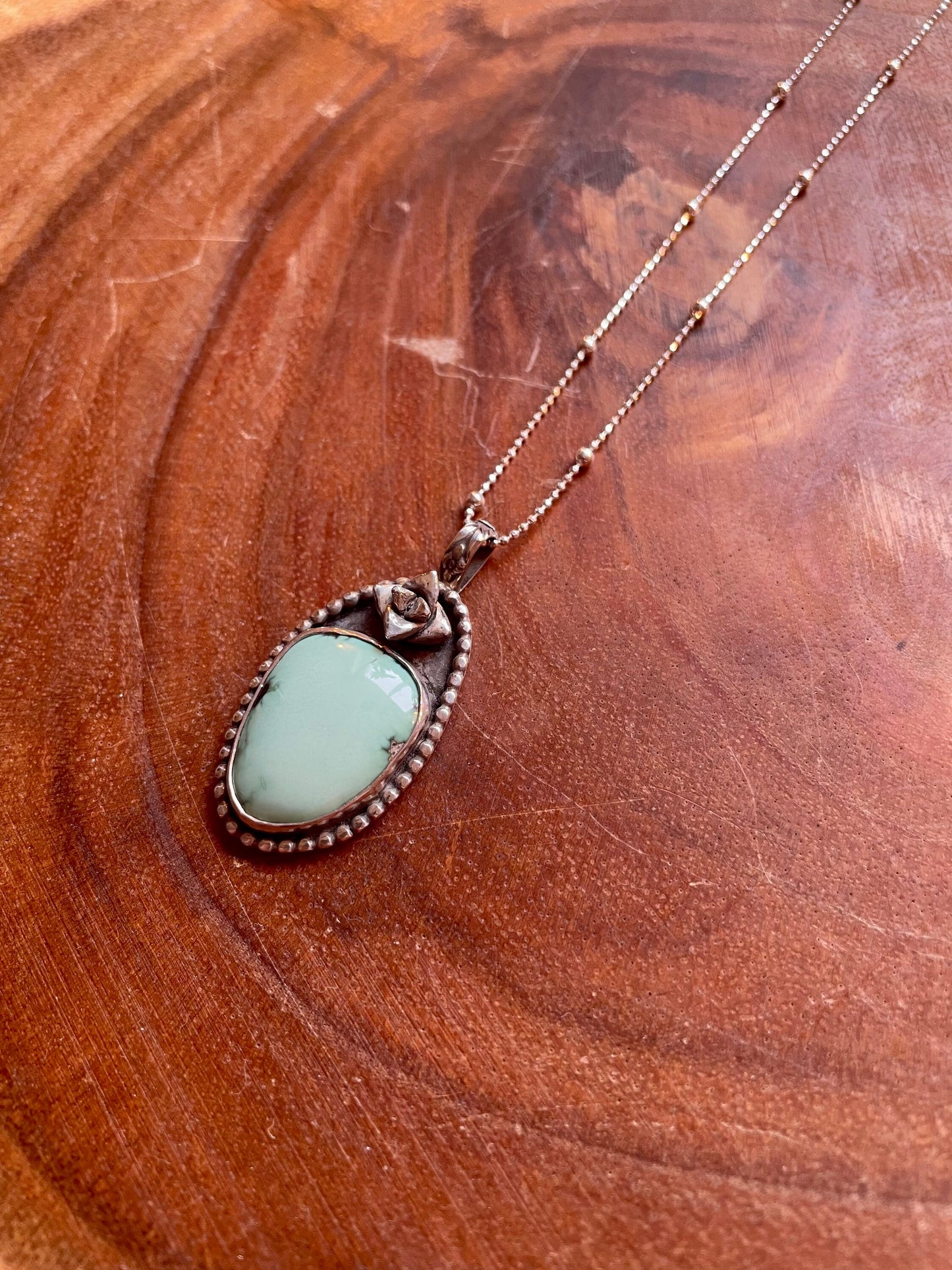 Midori Variscite pendant with succulent on sterling silver beaded chain