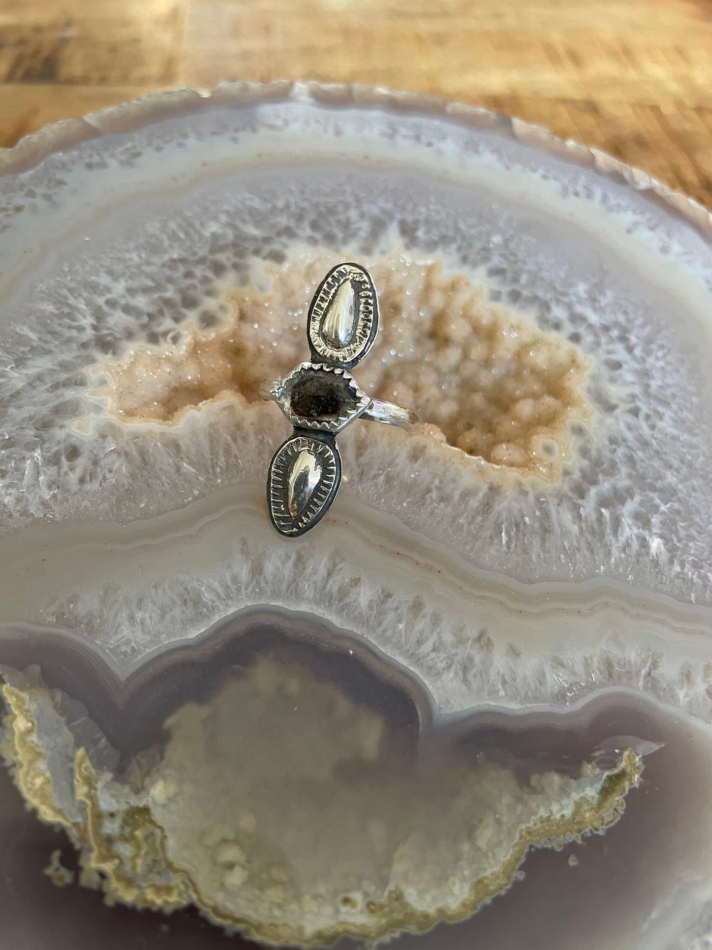 Unique, OOAK, Hand stamped herkimer diamond statement ring, size 8