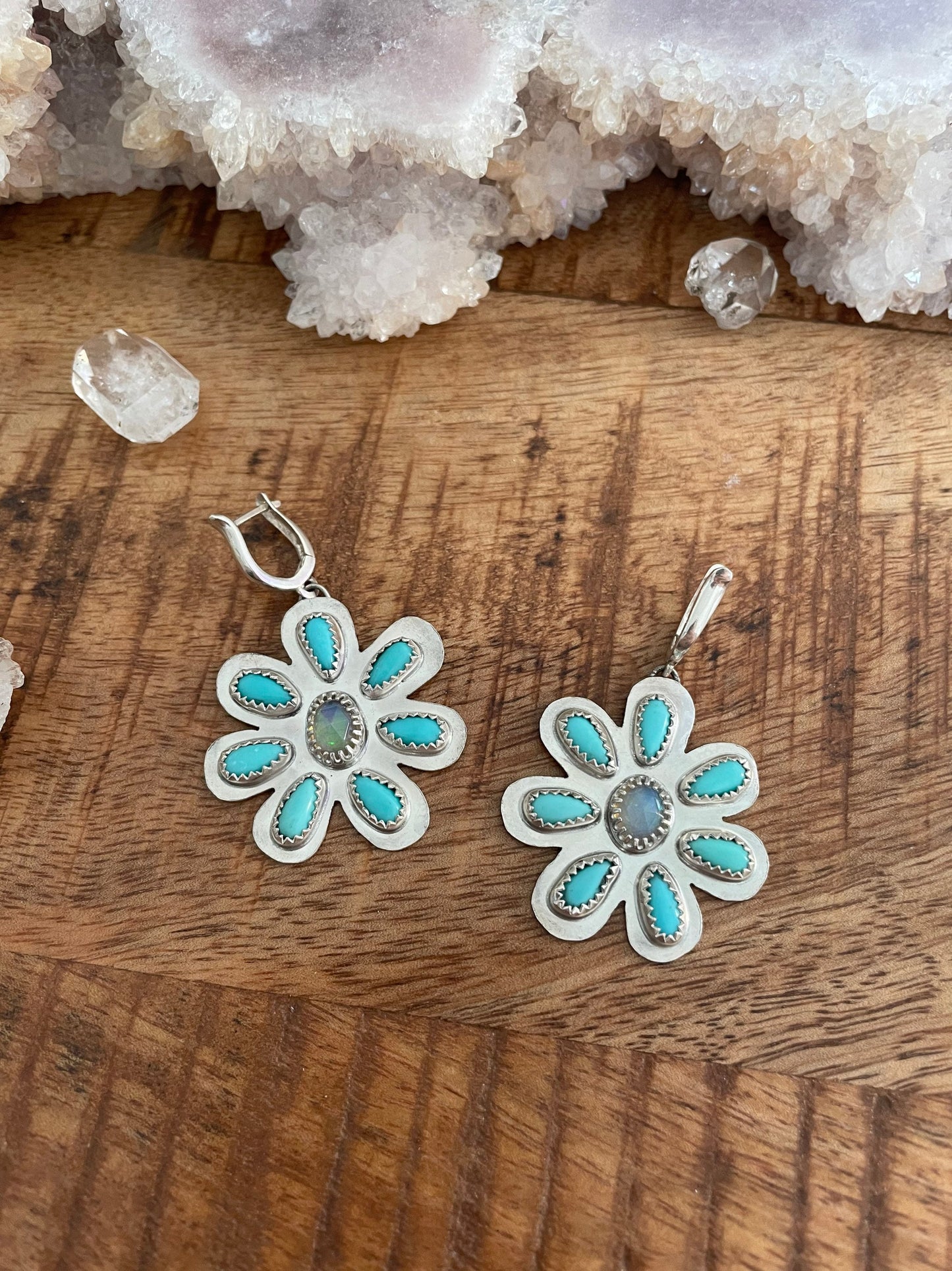 Handmade campitos turquoise and opal sterling silver statement earrings, cluster earrings