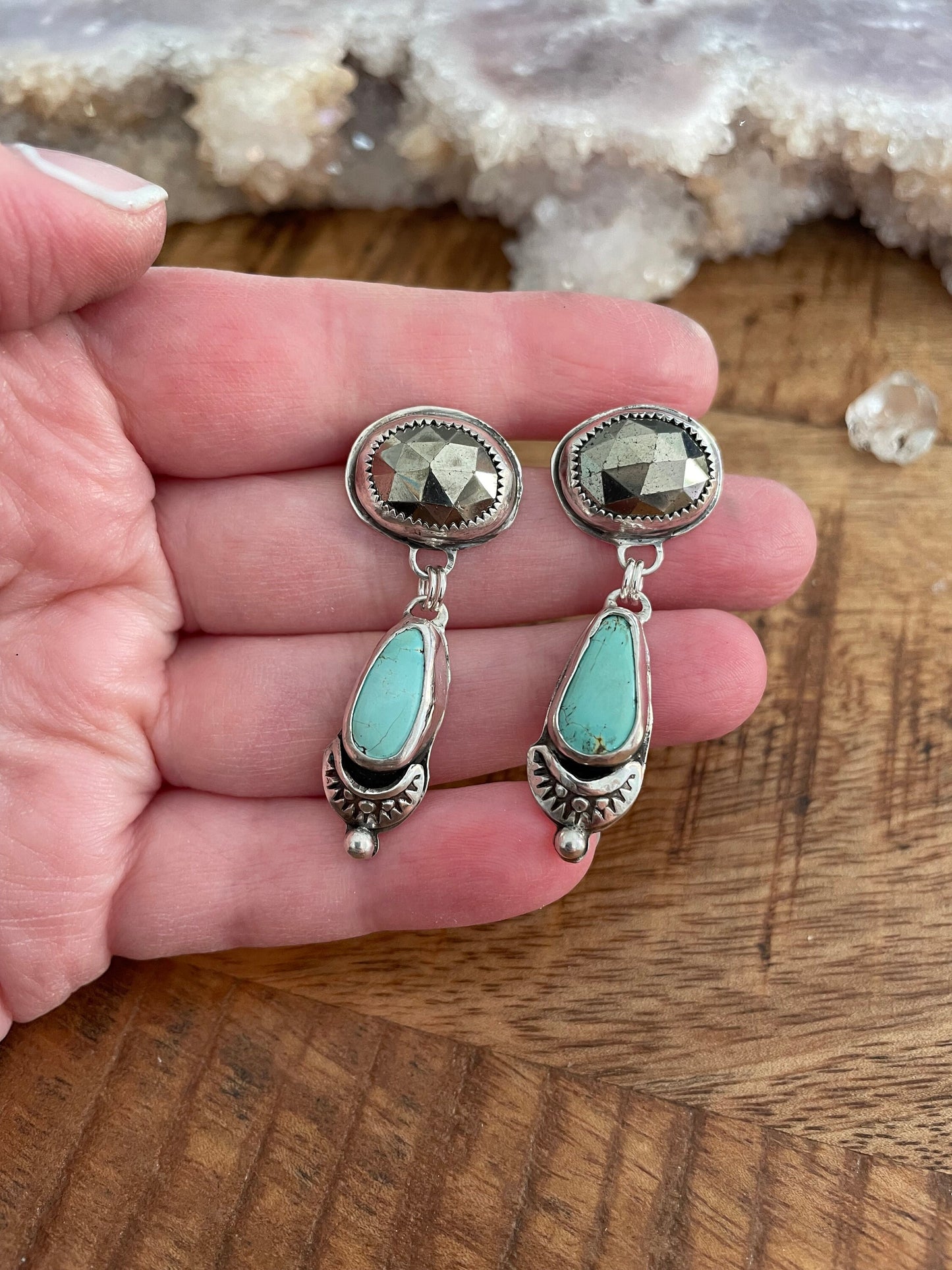 Ackerman Canyon variscite and pyrite dangle earrings, sterling silver statement earrings