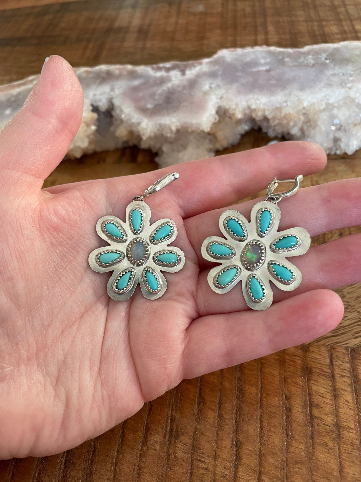 Handmade campitos turquoise and opal sterling silver statement earrings, cluster earrings
