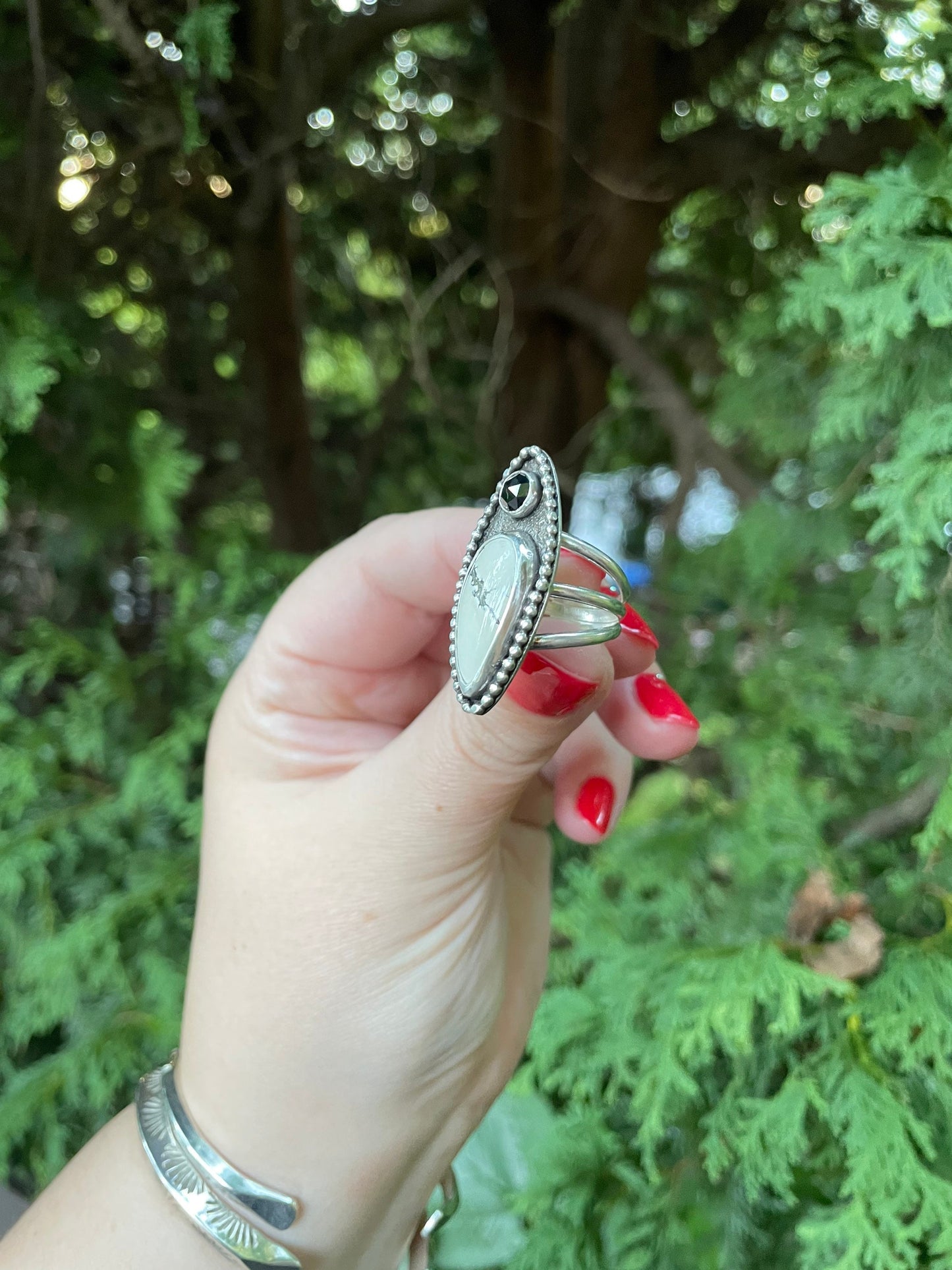 Lovely ivory creek variscite ring with black diamond accent, size 7, set in fine and sterling silver