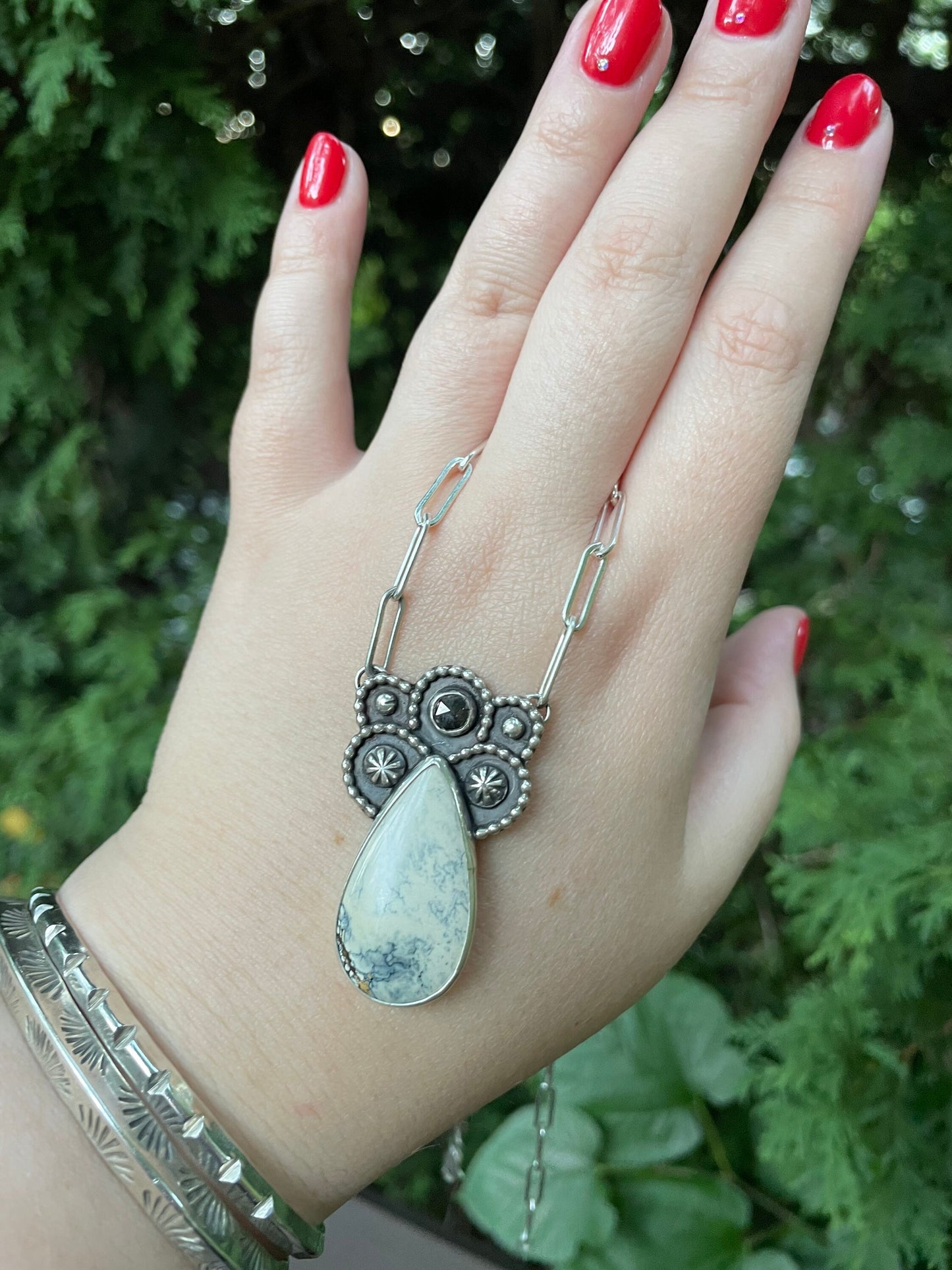 Ivory creek variscite pendant with black diamond access on 18” sterling paperclip chain