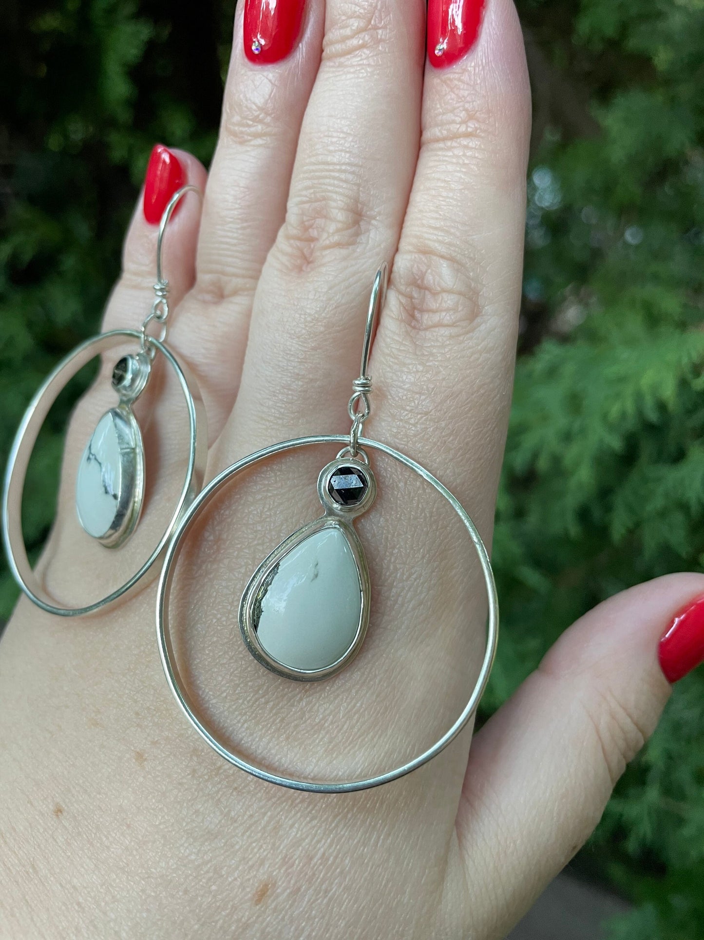 Ivory creek variscite hoop statement earrings with black diamond accents in fine and sterling silver