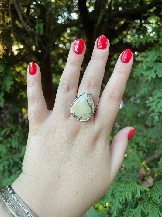 Stunning ivory creek variscite statement ring with hand-stamped details, size 10