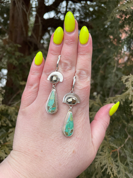 Royston Turquoise and pyrite dangle earrings, sterling silver statement earrings