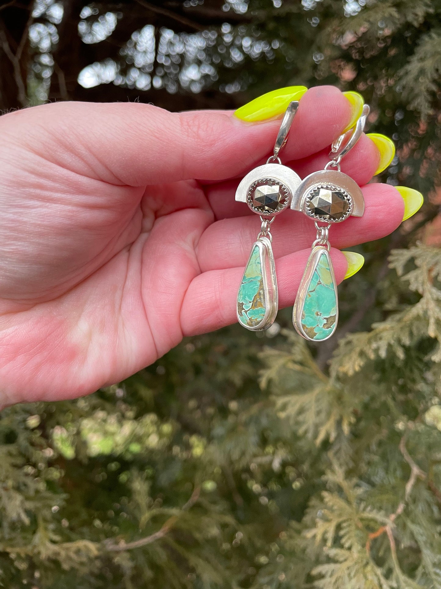 Royston Turquoise and pyrite dangle earrings, sterling silver statement earrings