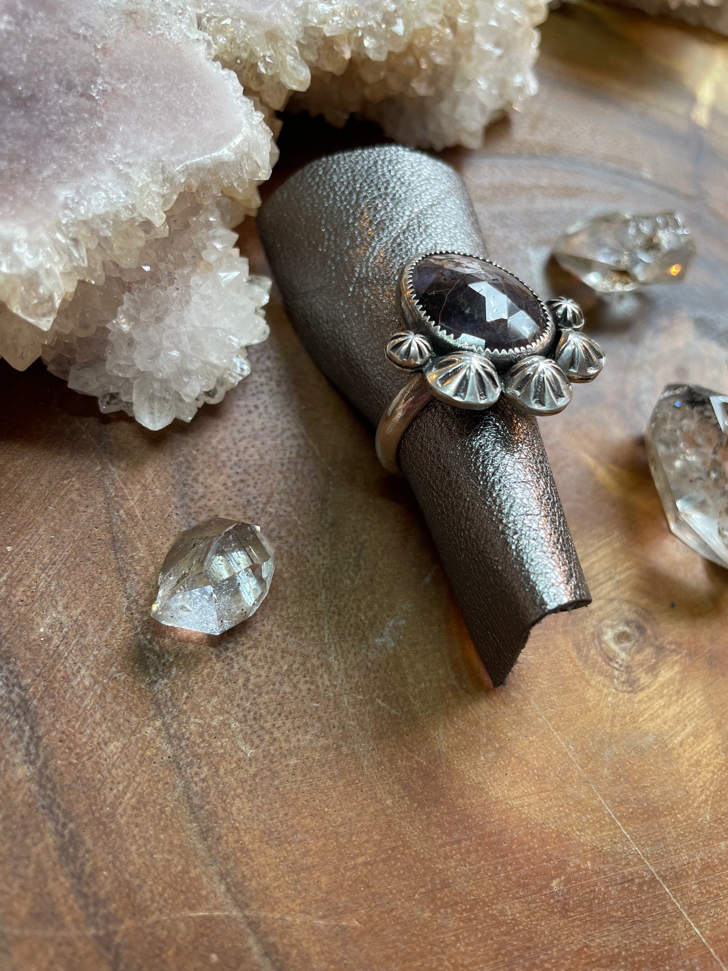 Hand stamped sapphire statement ring, size 10