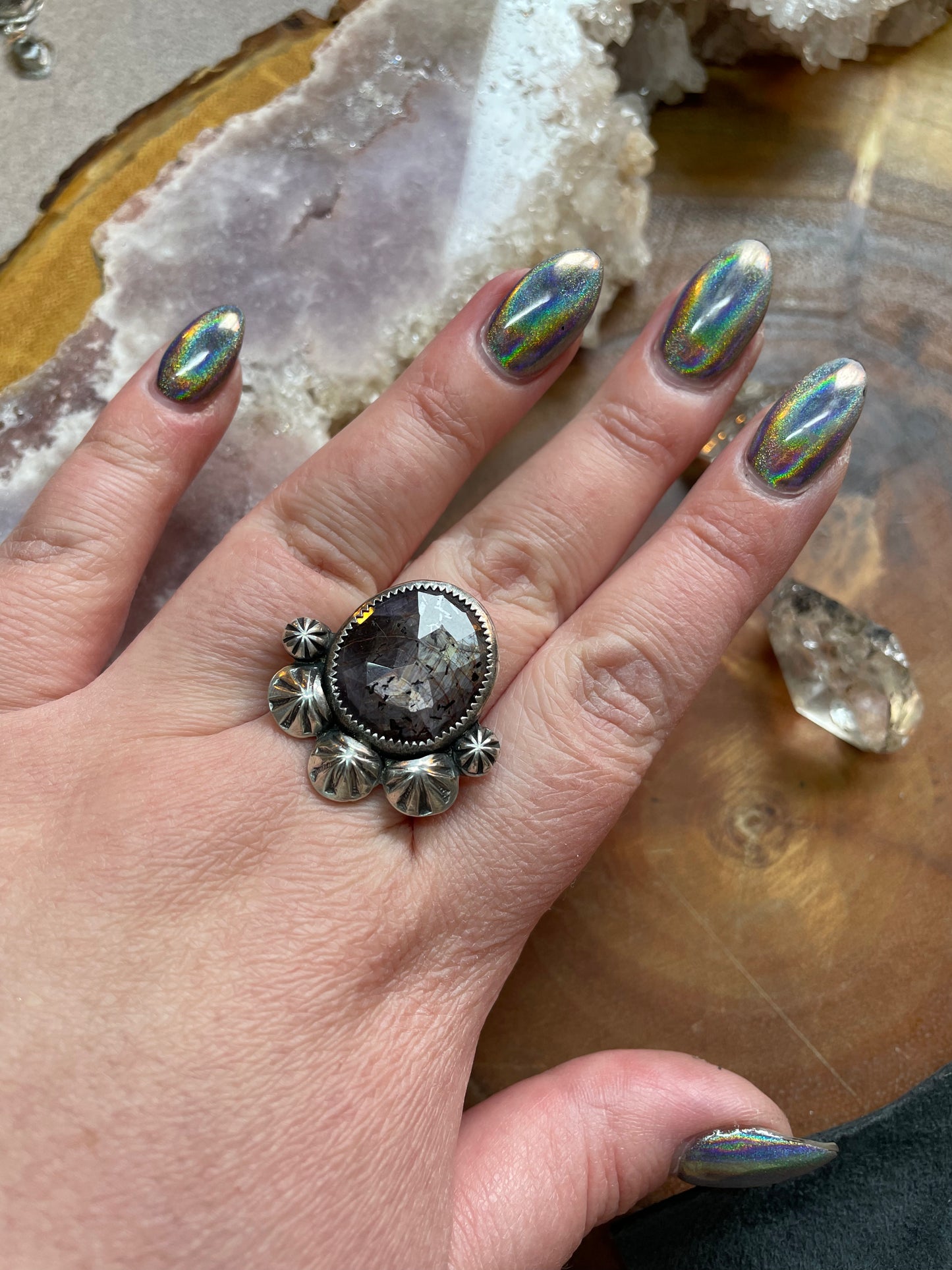 Hand stamped sapphire statement ring, size 10