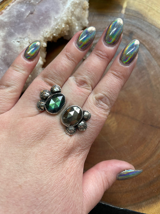 Pyrite and Labradorite open ring, size 8.75-9