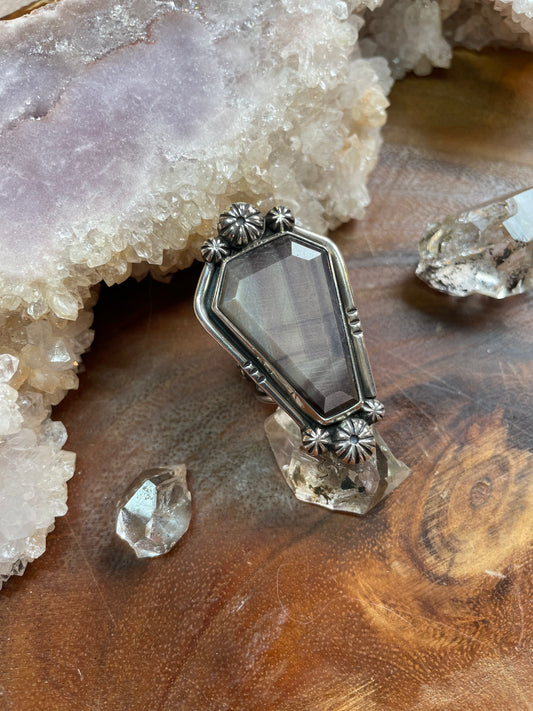 Coffin cut gothic sapphire statement ring, size 7