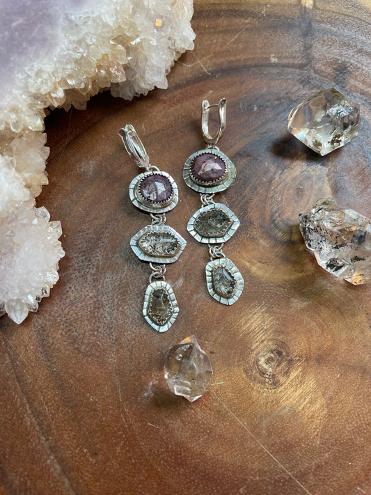 Sapphire and Herkimer Diamond Huggie Hoop Earrings