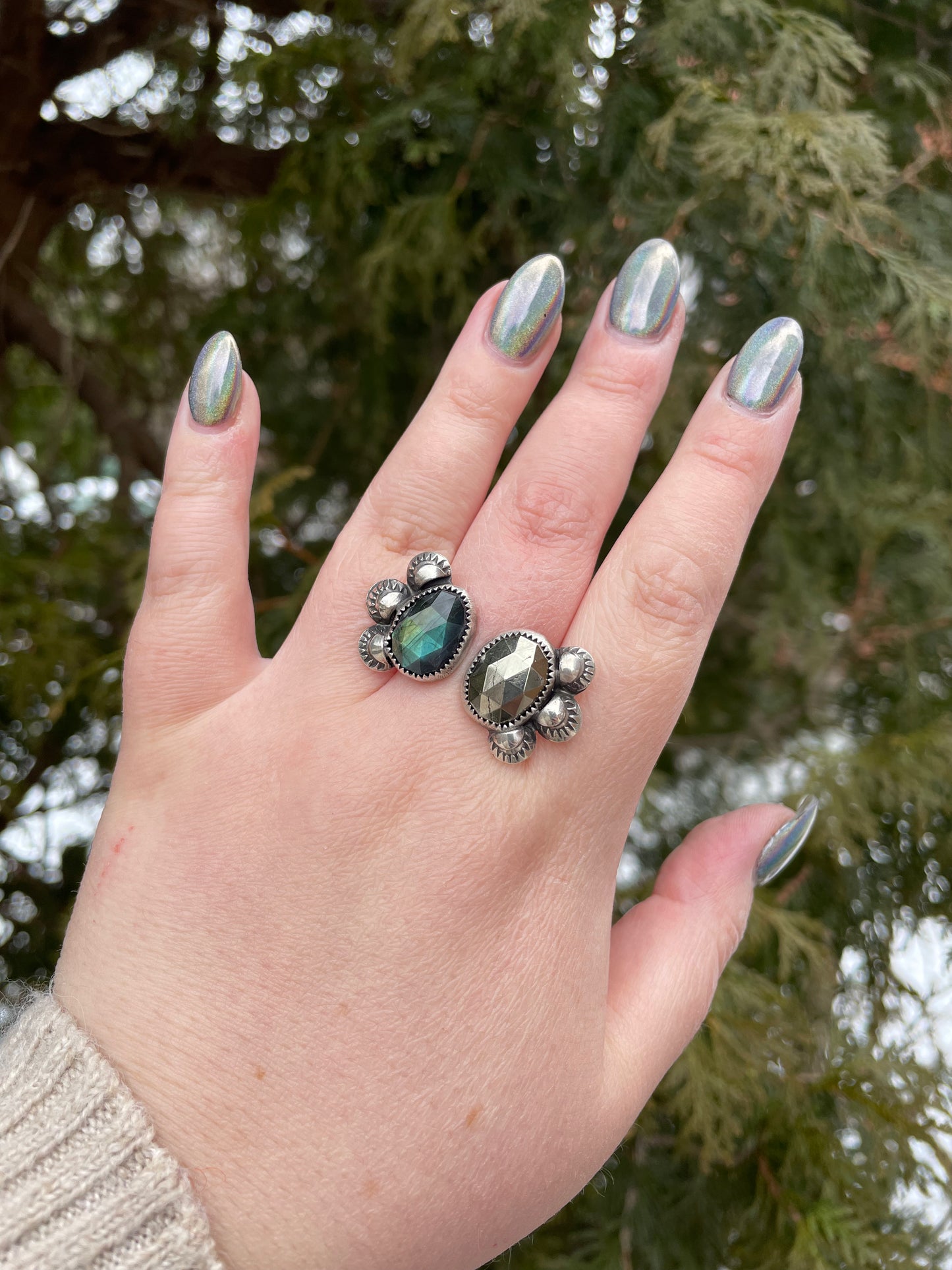 Pyrite and Labradorite open ring, size 8.75-9