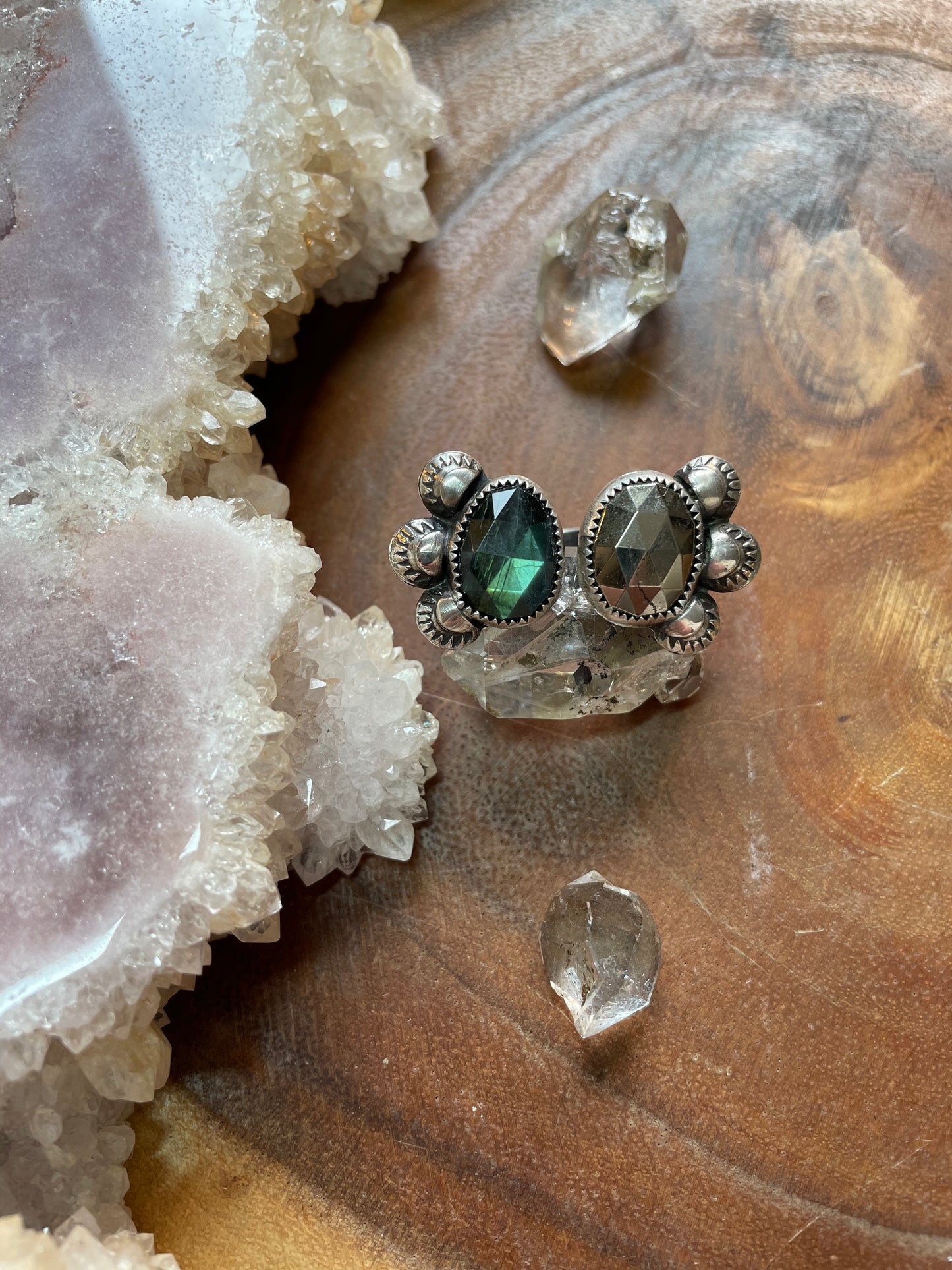 Pyrite and Labradorite open ring, size 8.75-9