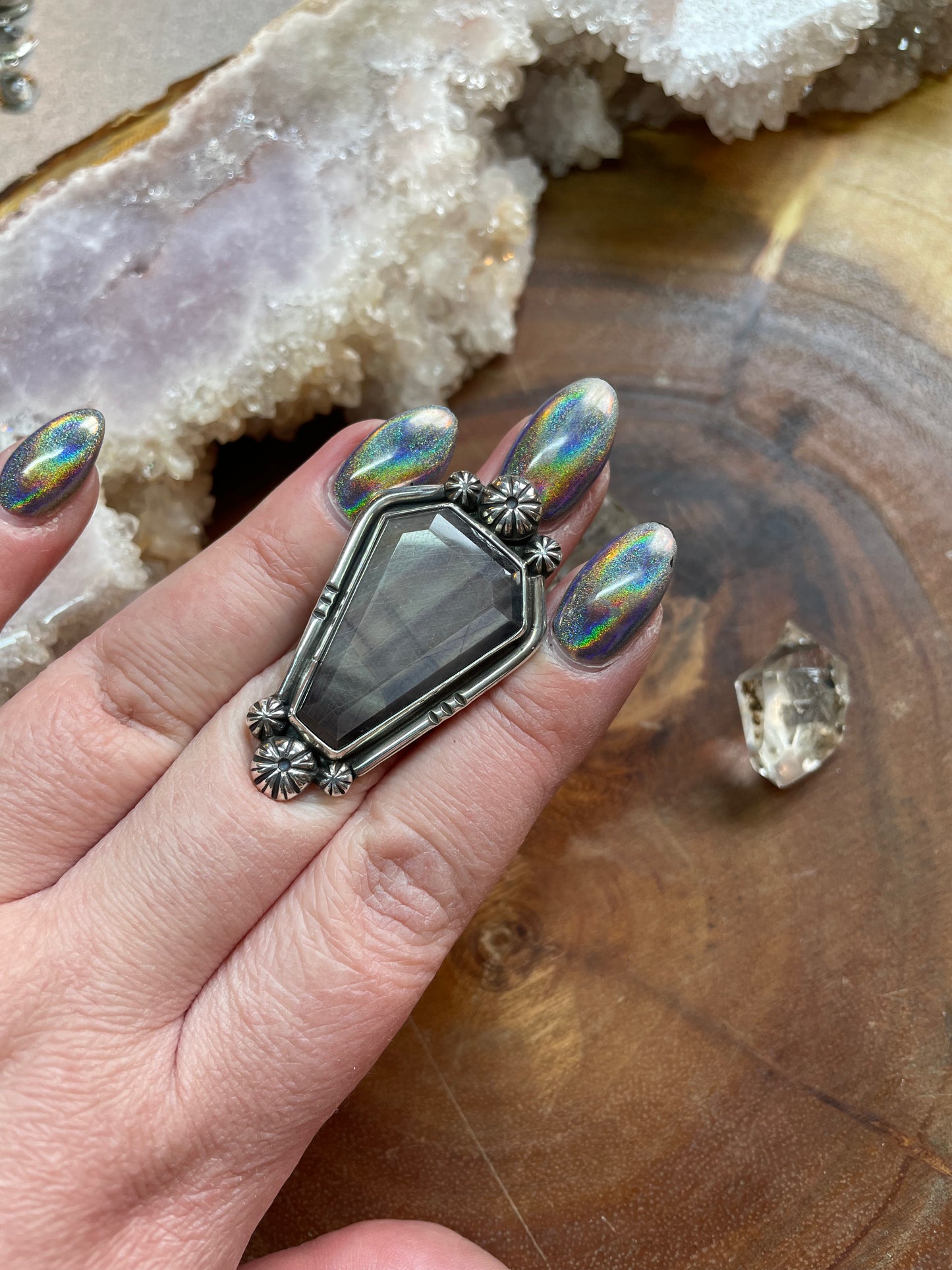 Coffin cut gothic sapphire statement ring, size 7