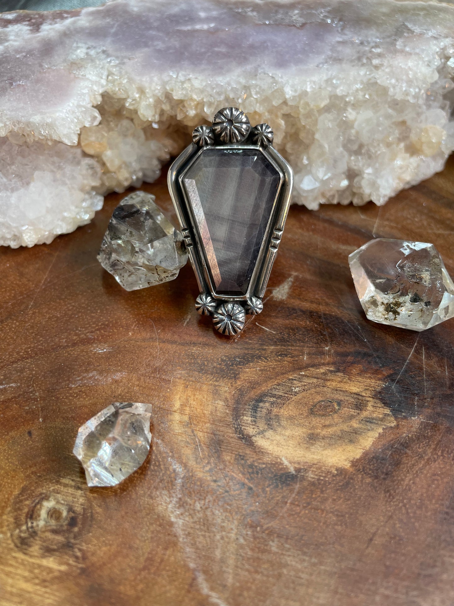Coffin cut gothic sapphire statement ring, size 7