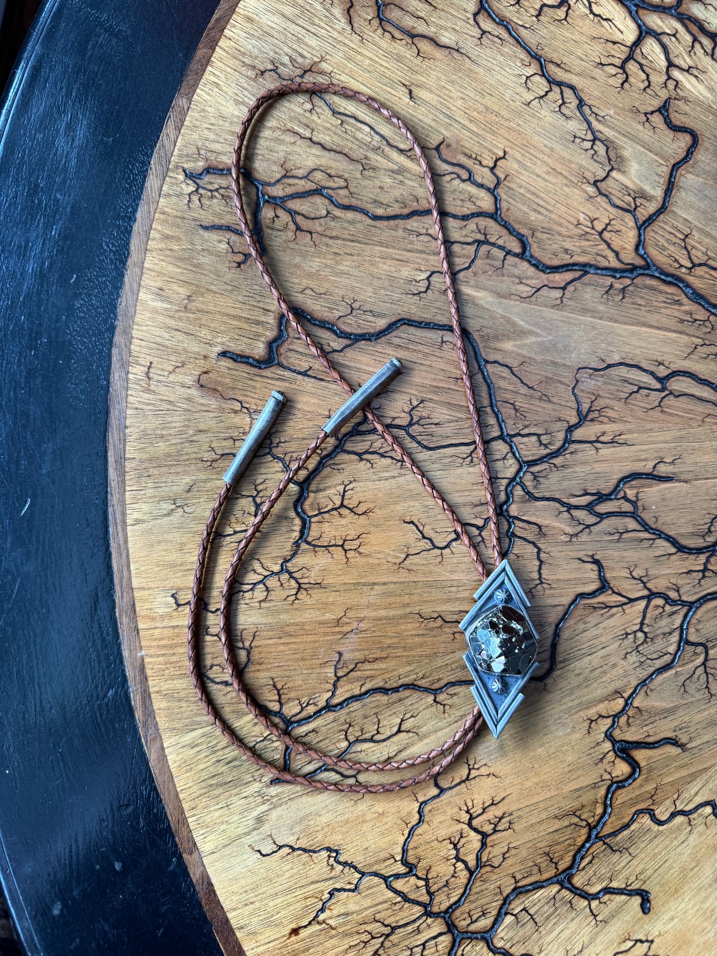 Unisex pyrite sterling silver bolo tie