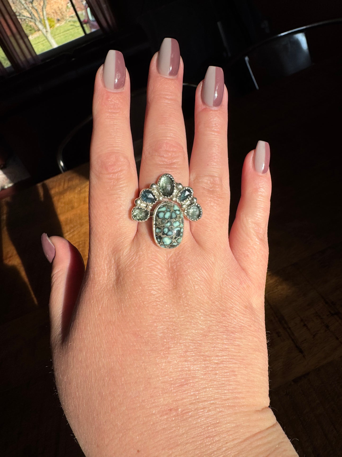 Calypso variscite, moss aquamarine, and Australian sapphire stunning ring, size 9-9.25