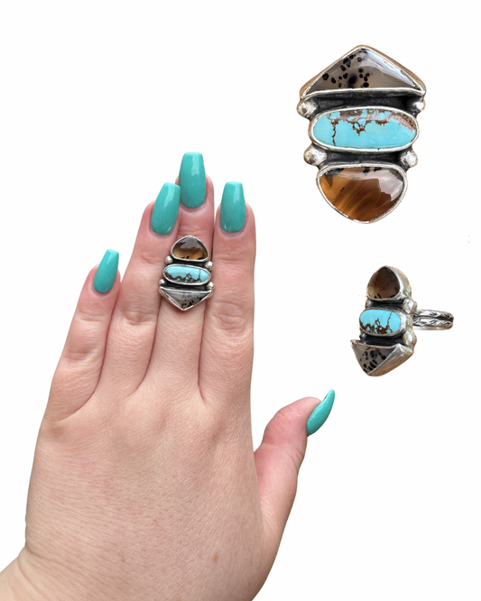 Montana Agate and Royston Turquoise Statement Ring, Size 7