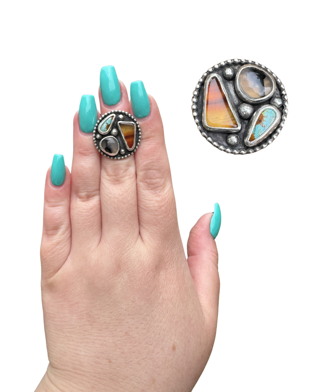 Shadowbox Statement Ring, Size 5, Montana Agate and Royston Turquoise