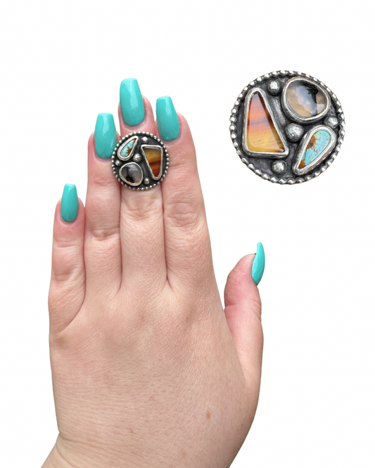 Shadowbox Statement Ring, Size 5, Montana Agate and Royston Turquoise
