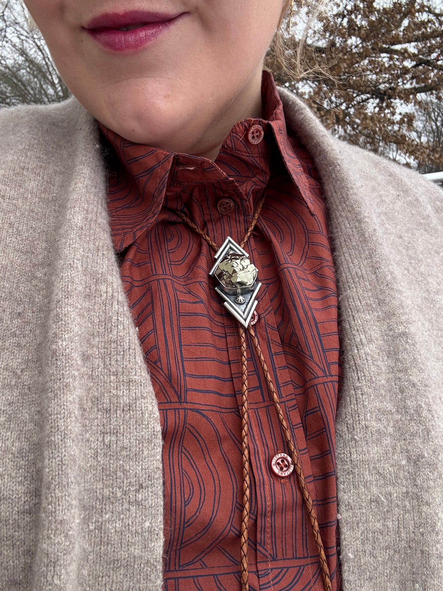 Unisex pyrite sterling silver bolo tie