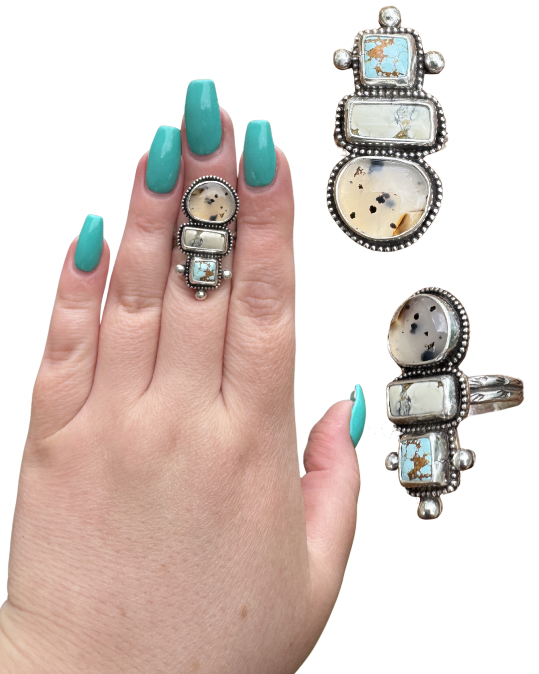 Montana Agate, Ivory Creek Variscite, and Golden Hills Turquoise Statement Ring, Size 7
