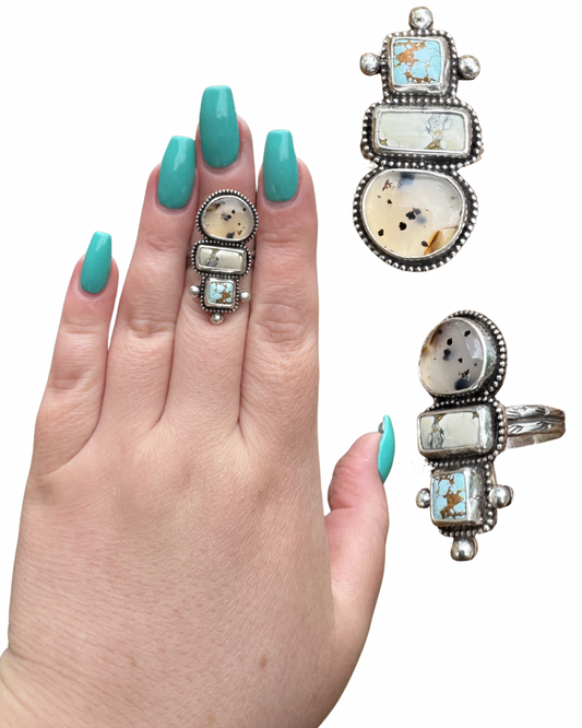 Montana Agate, Ivory Creek Variscite, and Golden Hills Turquoise Statement Ring, Size 7