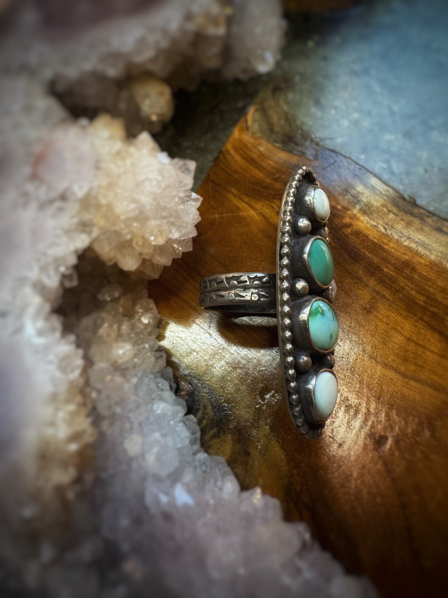 Turquoise and variscite statement ring, size 7