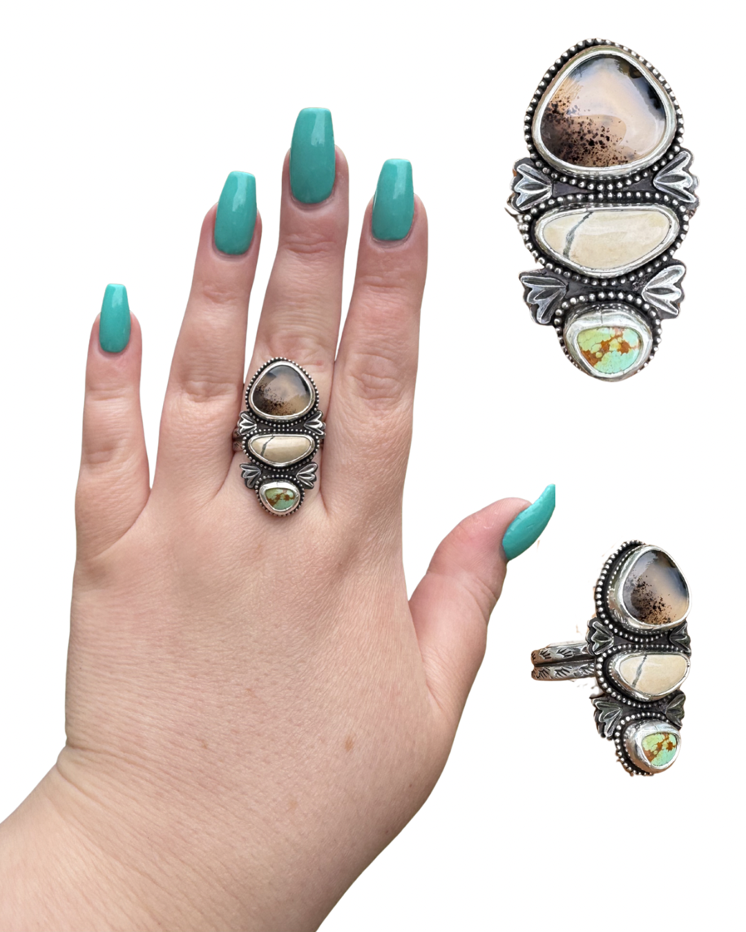 Montana Agate, Ivory Creek, and Royston Turquoise Statement Ring, size 10.5