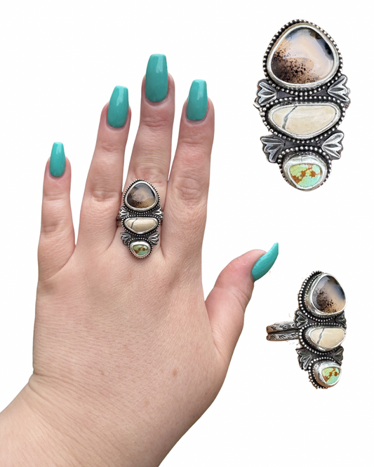 Montana Agate, Ivory Creek, and Royston Turquoise Statement Ring, size 10.5