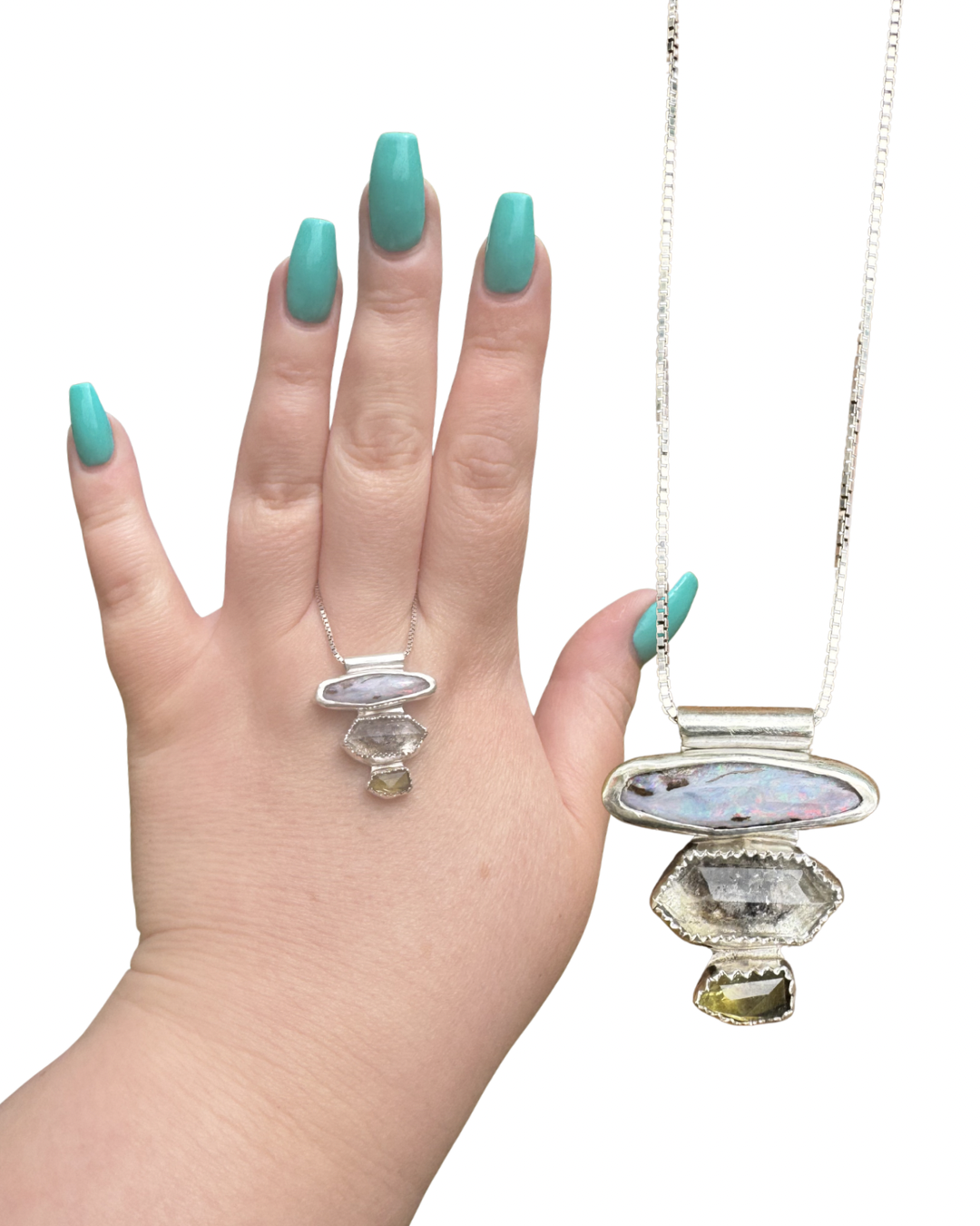 Australian Boulder Opal, Herkimer Diamond Quartz, and Sapphire pendant necklace