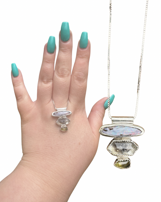 Australian Boulder Opal, Herkimer Diamond Quartz, and Sapphire pendant necklace