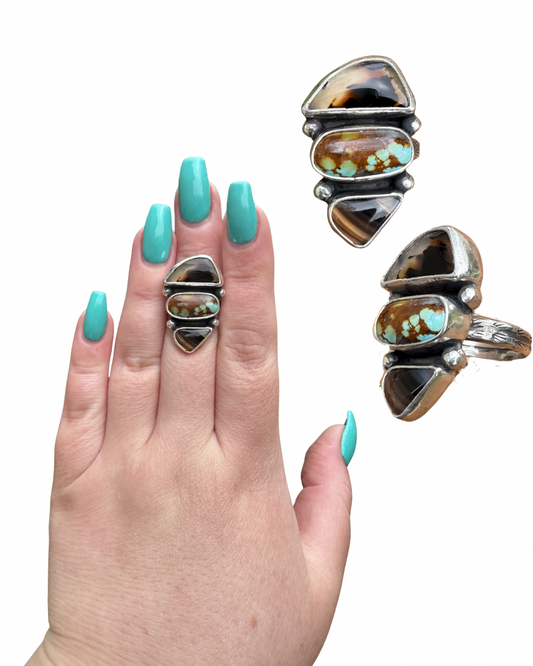 Montana Agate and Royston Turquoise Statement Ring, Size 7.5