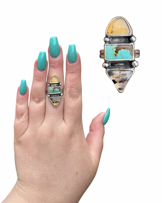 Montana Agate and Royston Turquoise Statement Ring, size 9.5