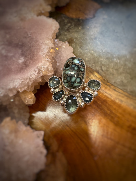 Calypso variscite, moss aquamarine, and Australian sapphire stunning ring, size 9-9.25