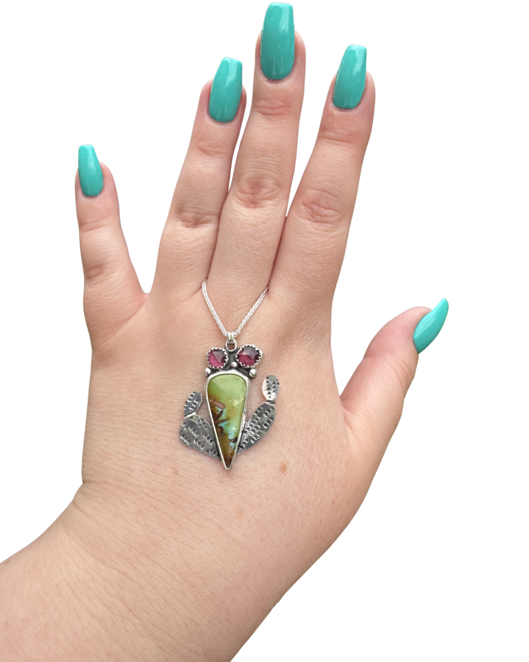 Prickly Pear Cactus Sterling Silver Necklace Royston Turquoise and Garnet