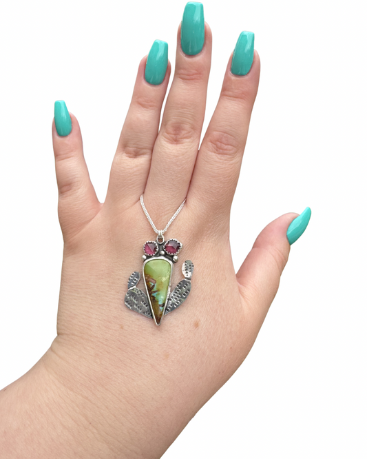 Prickly Pear Cactus Sterling Silver Necklace Royston Turquoise and Garnet
