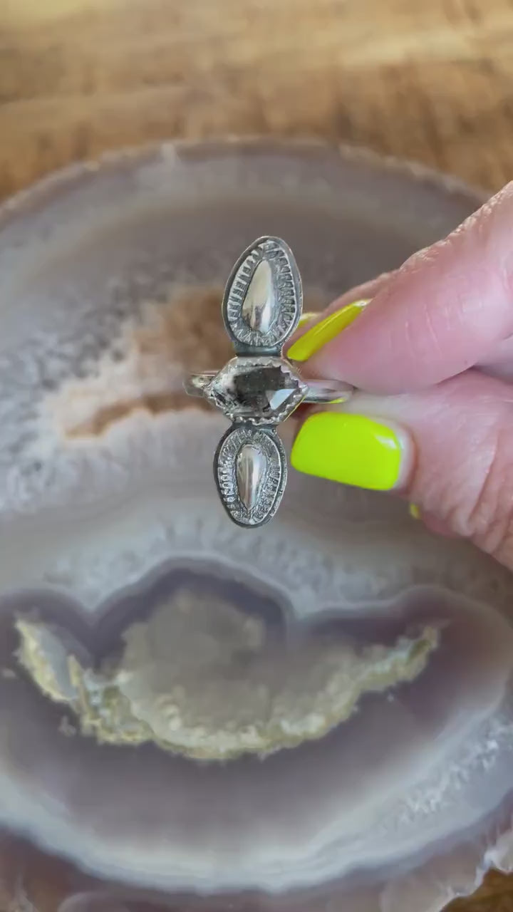 Unique, OOAK, Hand stamped herkimer diamond statement ring, size 8