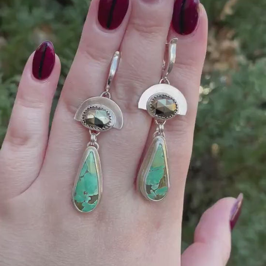 Royston Turquoise and pyrite dangle earrings, sterling silver statement earrings