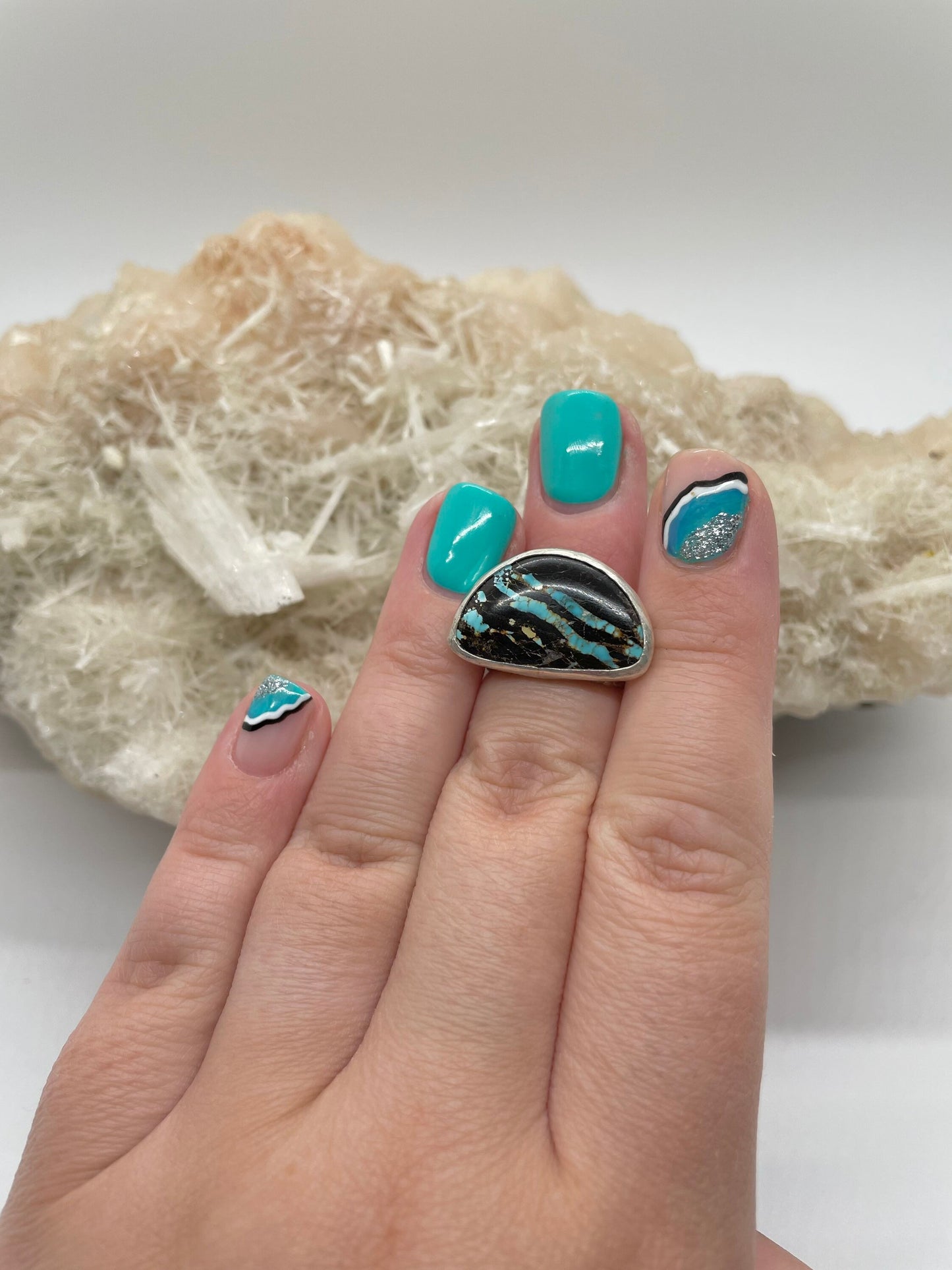 Blue Moon Turquoise ring with snake patterned band size 5.75