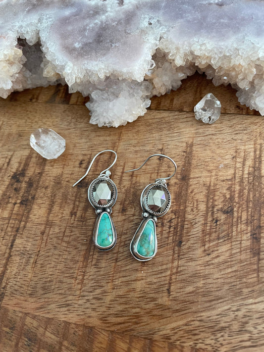 Emerald Valley Turquoise and pyrite dangle earrings, sterling silver statement earrings