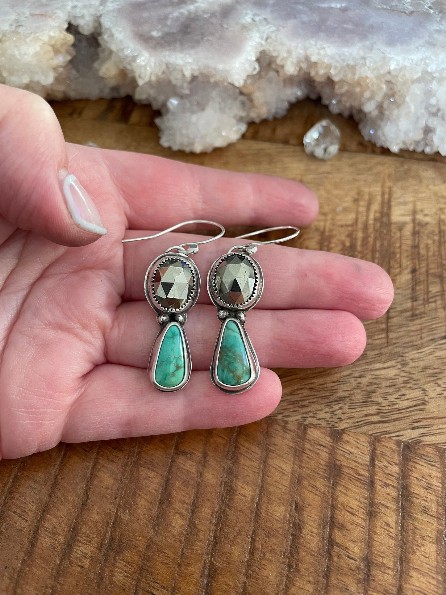 Emerald Valley Turquoise and pyrite dangle earrings, sterling silver statement earrings