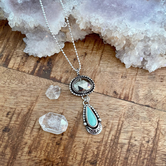 Ackerman Canyon variscite and pyrite pendant on 24" beaded sterling silver chain