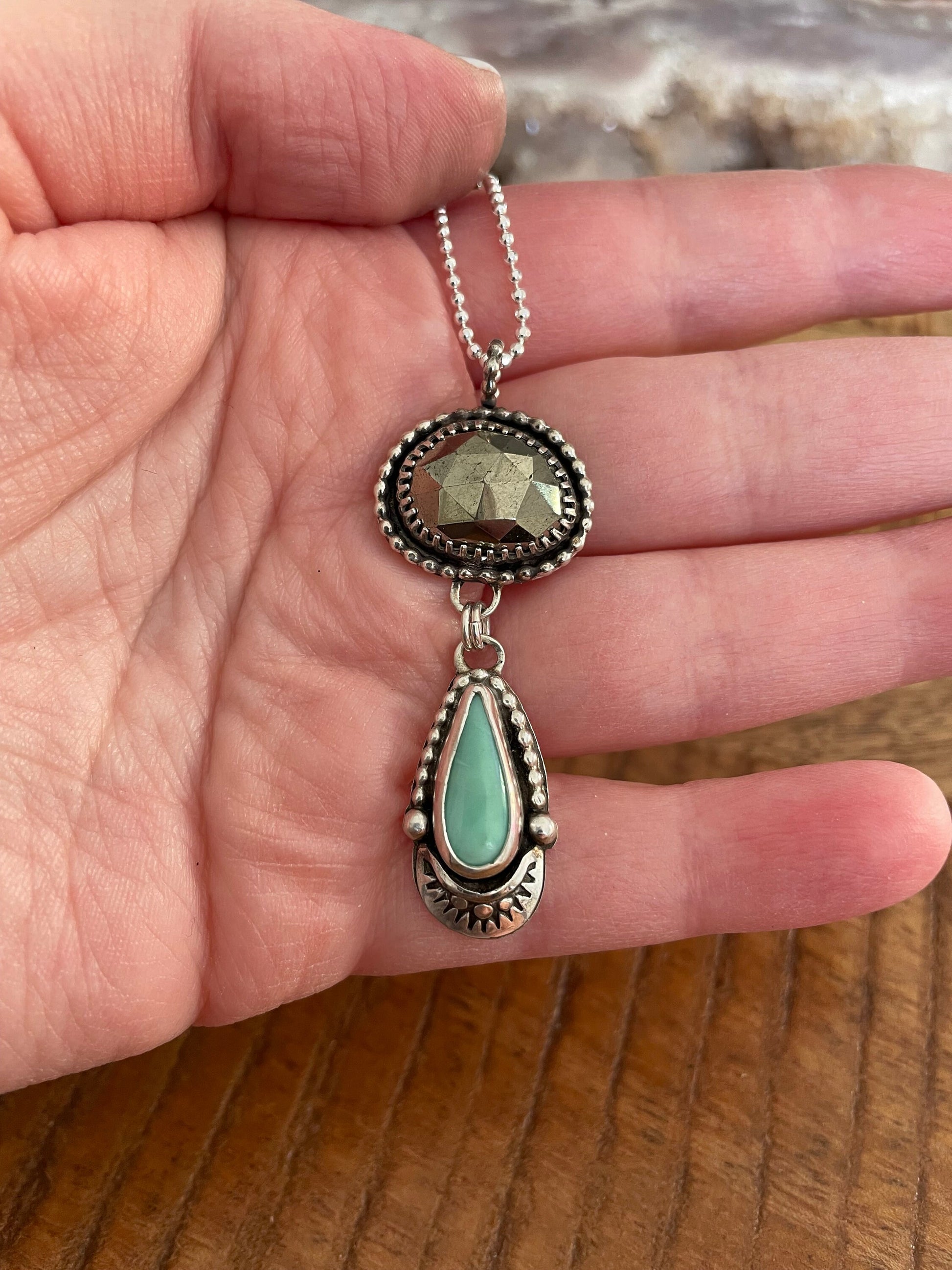 Ackerman Canyon variscite and pyrite pendant on 24" beaded sterling silver chain