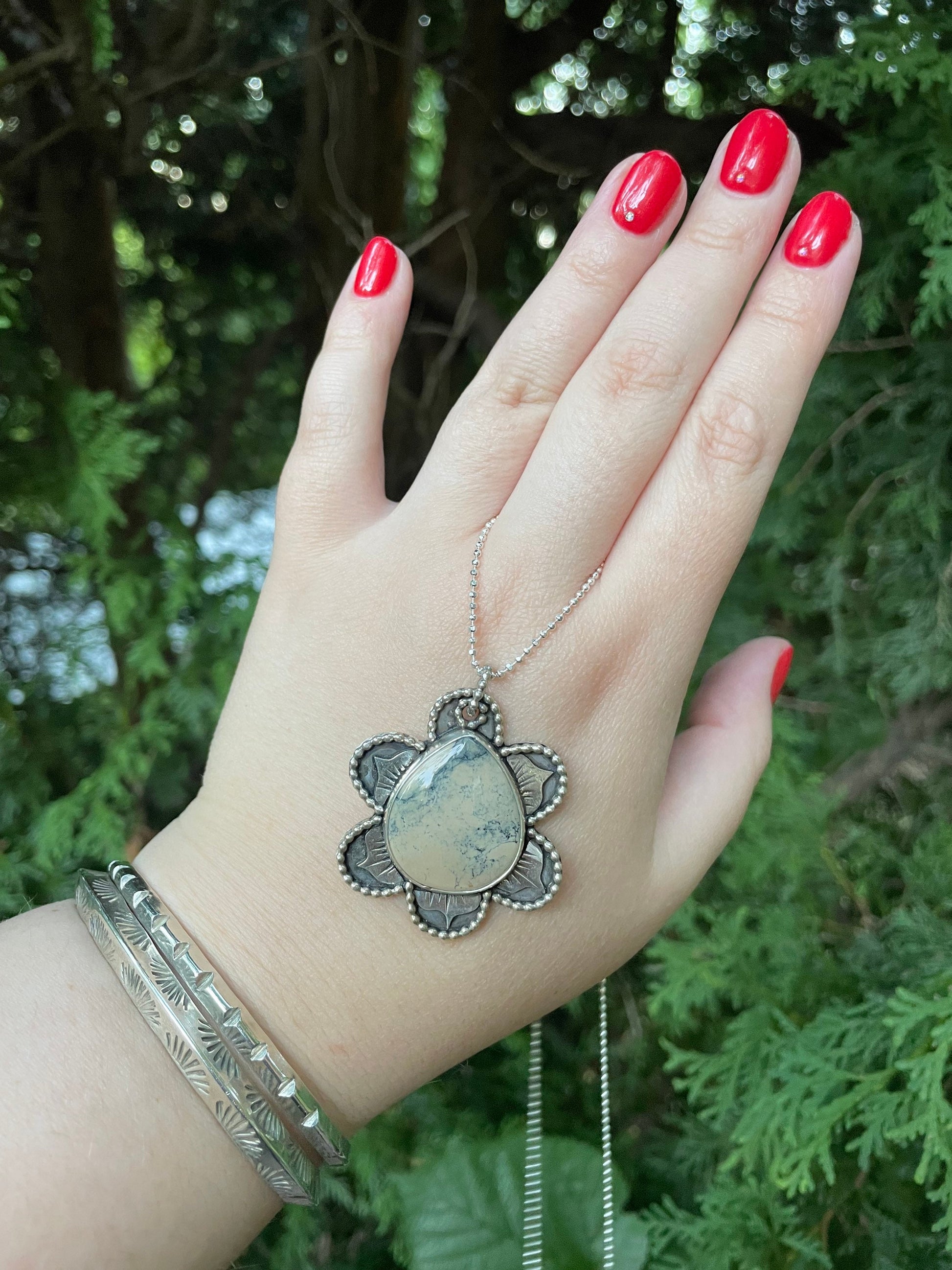 Ivory creek variscite flower pendant on 24" beaded sterling silver chain